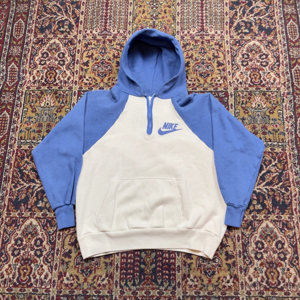 VTG Rare 70s Nike Orange Tag Cotton Quarter Zip Raglan Hoodie USA M White Blue - Picture 1 of 9